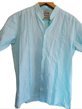Vintage Guayaberas Enun Shirt Mens 36 Aqua Blue Cuban Short Sleeve Size Small